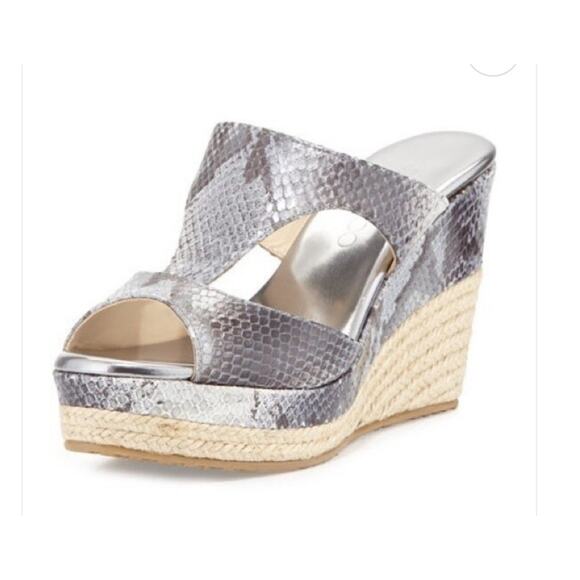 NEW Jimmy Choo Pecane Gray Silver Snake Print Wedge EU 37.5 - Picture 2 of 16